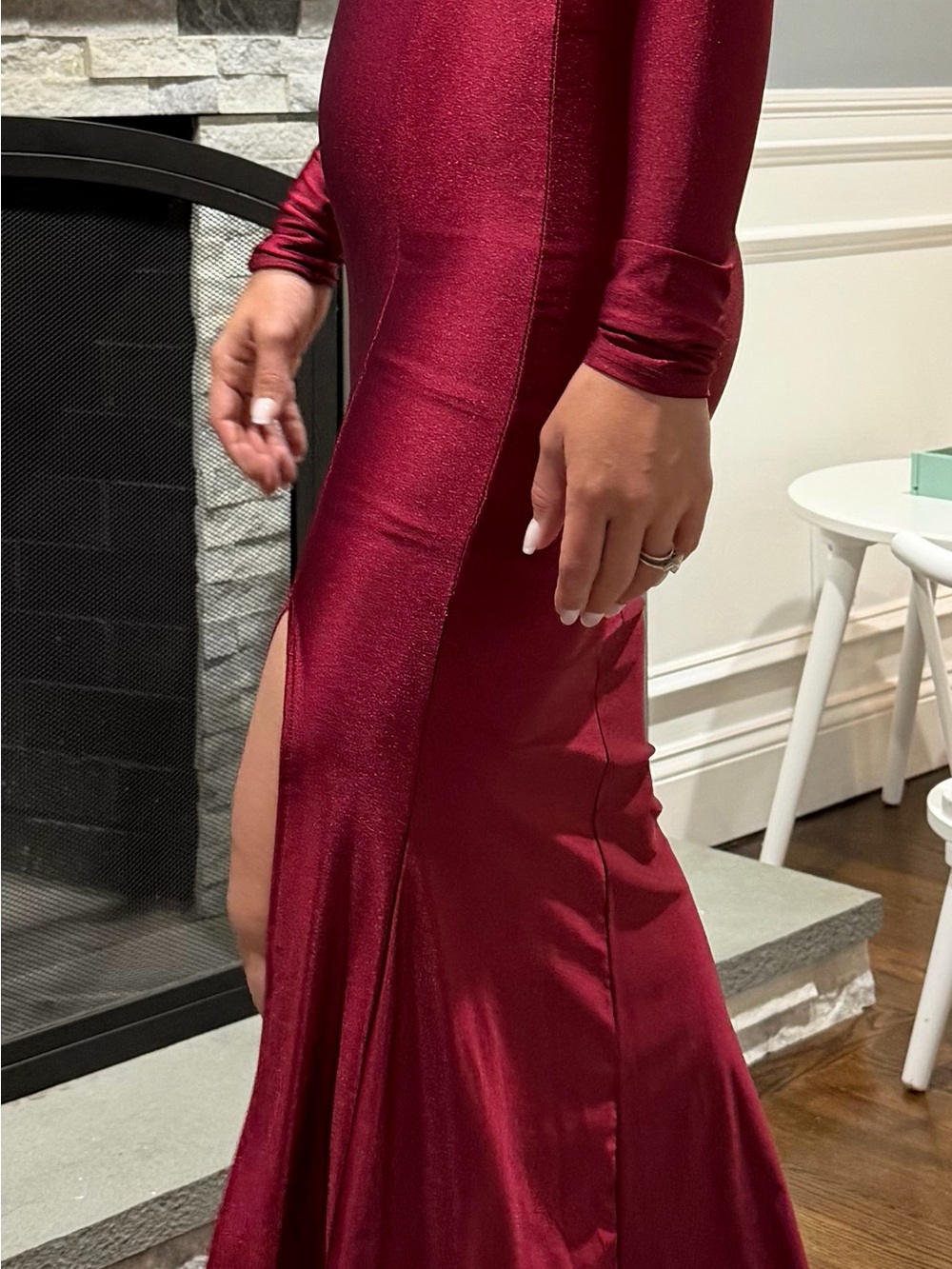 Elegant Long Sleeve Burgundy Satin Dress with Side Slit